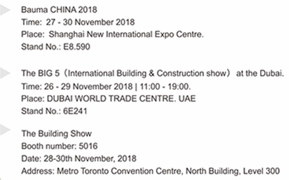 xingyi participó en las tres exposiciones principales （bauma china 2018, the big5, the building show） en noviembre